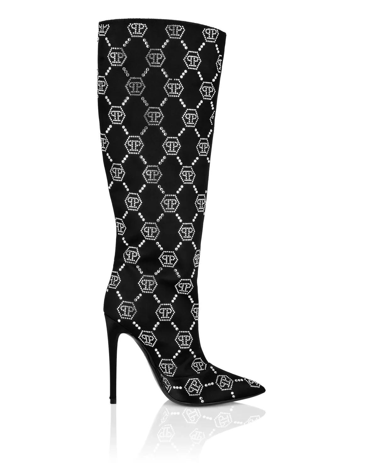 Satin Boots High Heels Mid Strass Monogram, цвет: Черный
