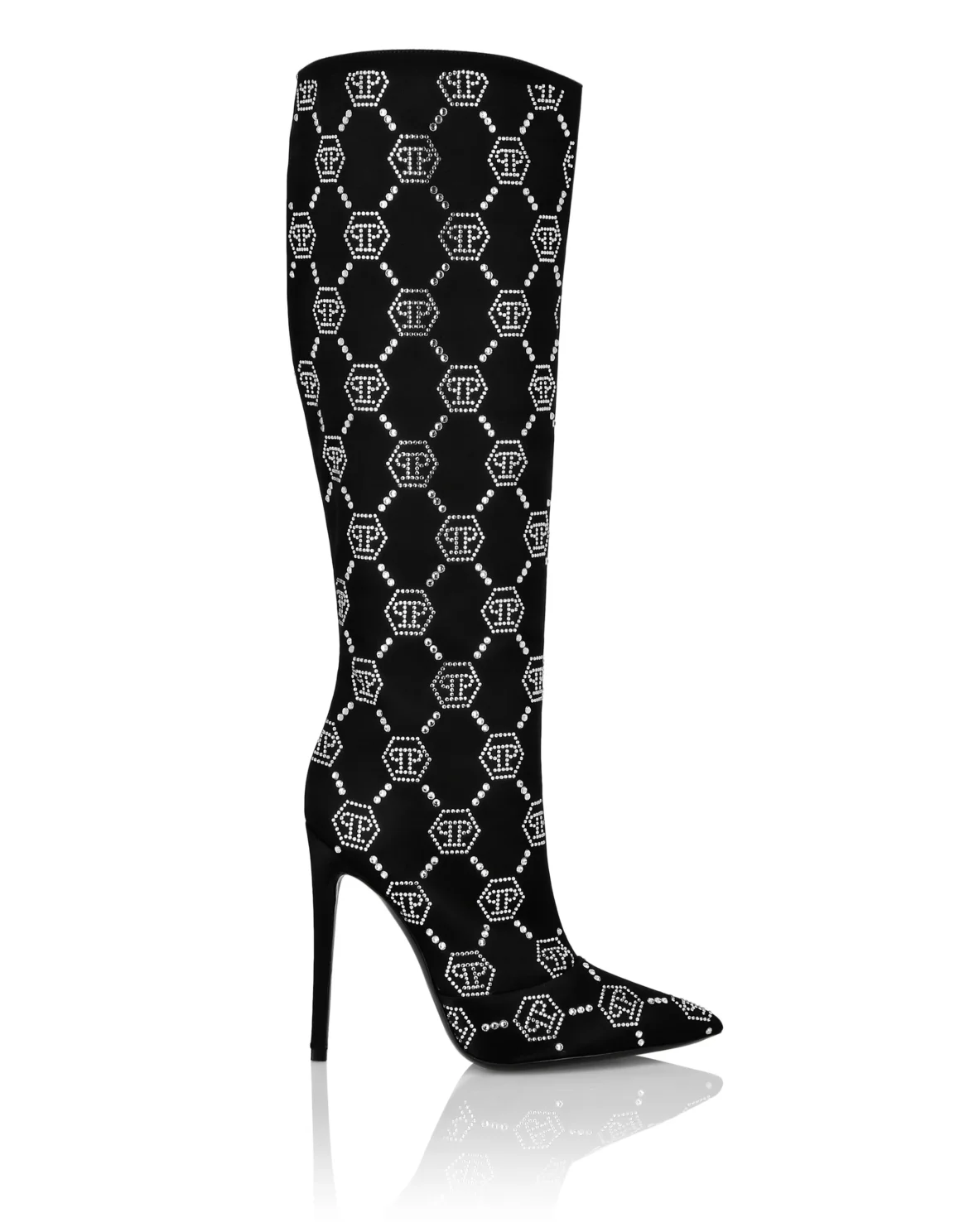 Satin Boots High Heels Mid Strass Monogram, цвет: Черный