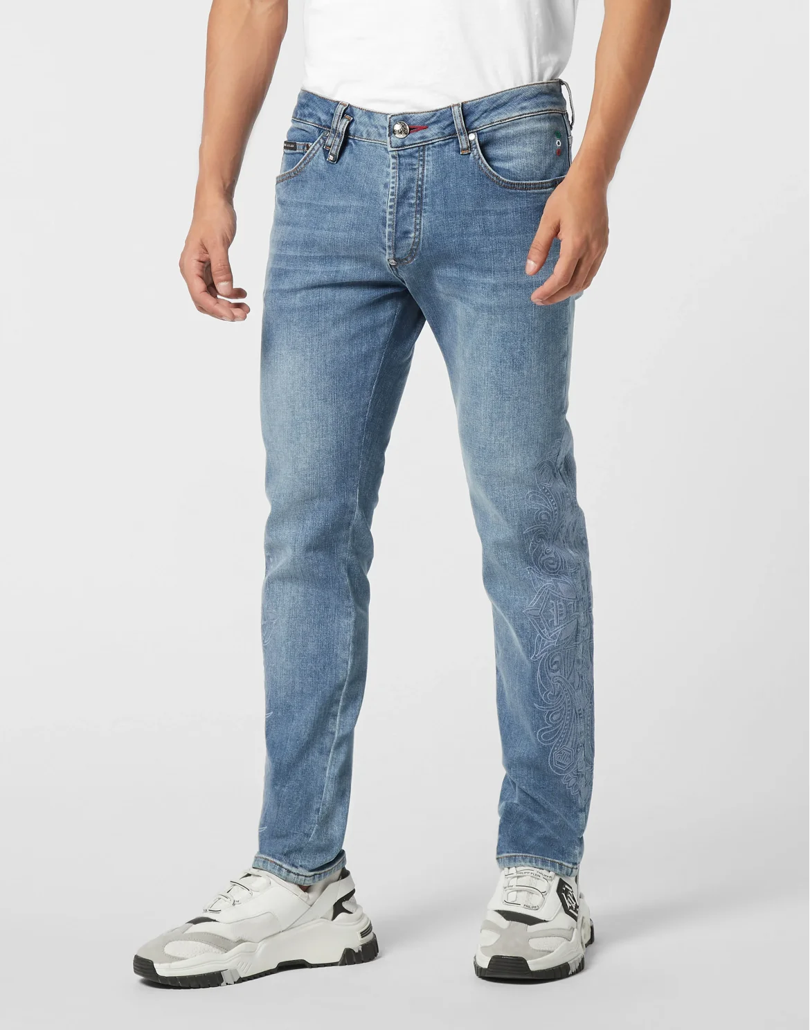 Embroidered Super Straight Cut Jeans Cross Gothic Plein, цвет: Темно-синий деним
