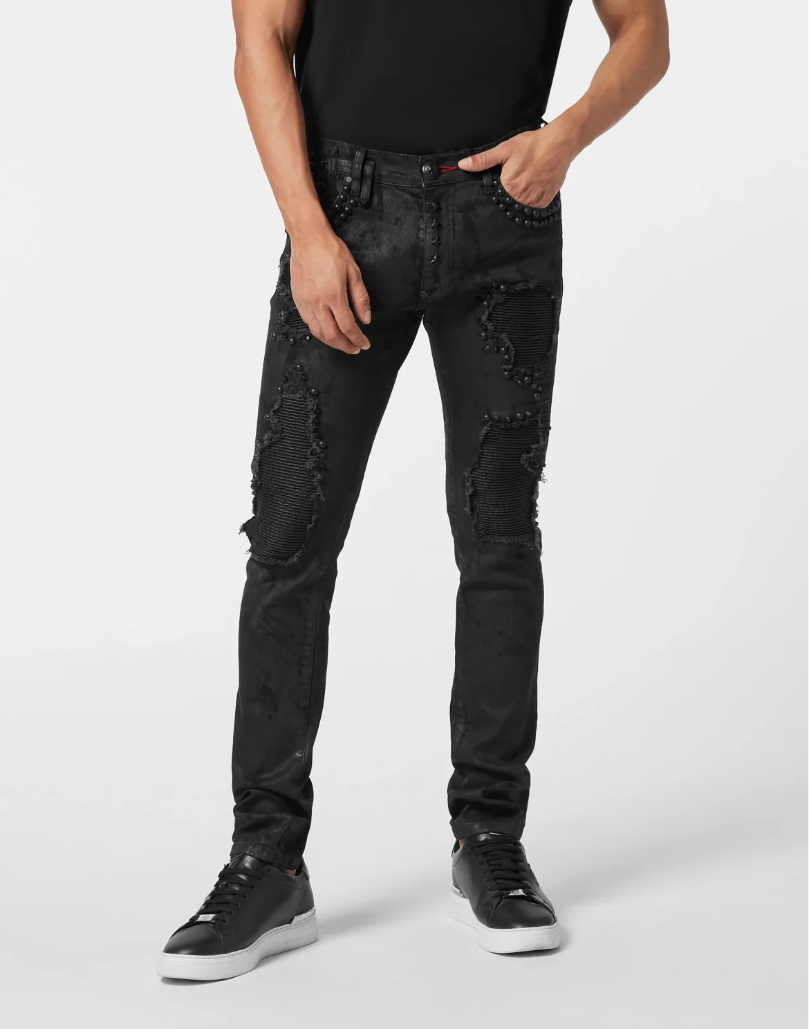 Rock Star Fit Jeans with Leather Inserts and Studs, цвет: Черный