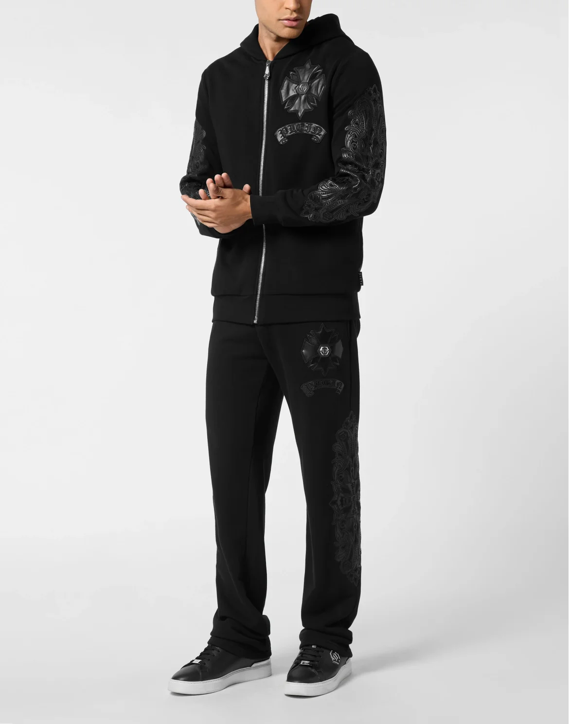 Zip Hoodie with Leather Inserts Chrome Crest, цвет: Черный