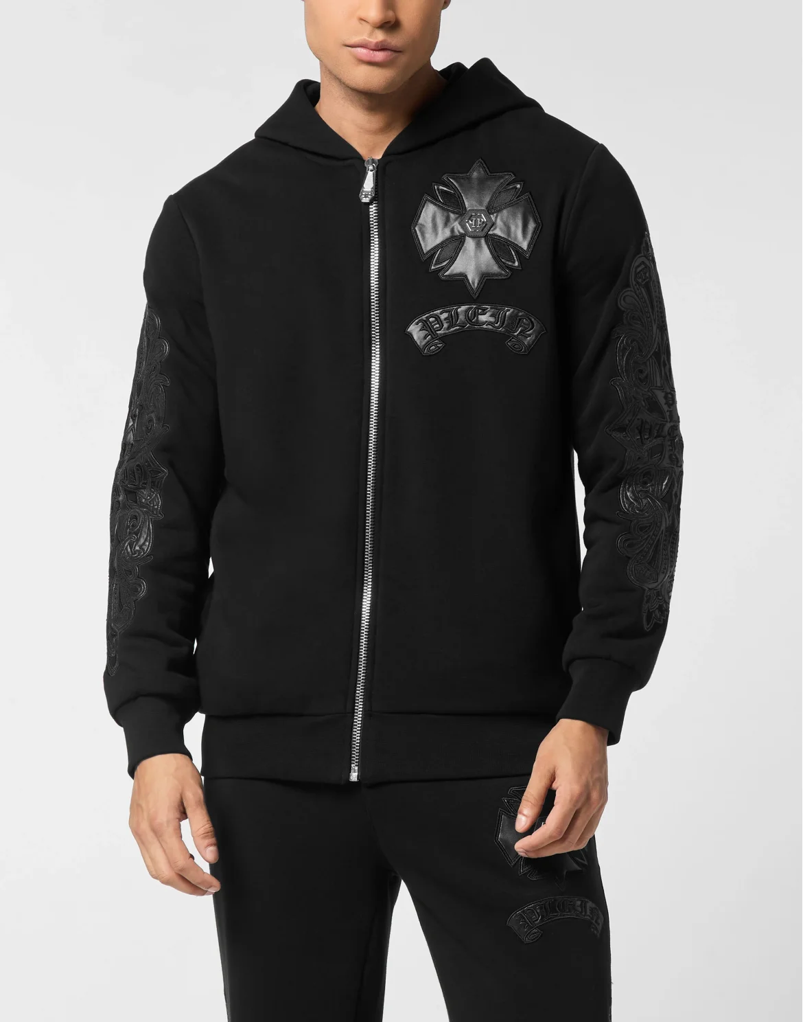 Zip Hoodie with Leather Inserts Chrome Crest, цвет: Черный