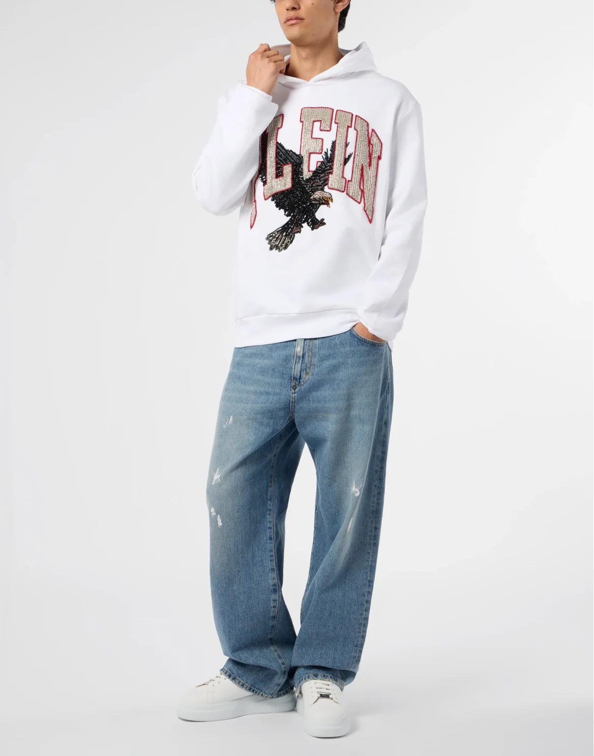 Washed Hoodie Sweatshirt Plein Eagle, цвет: Белый