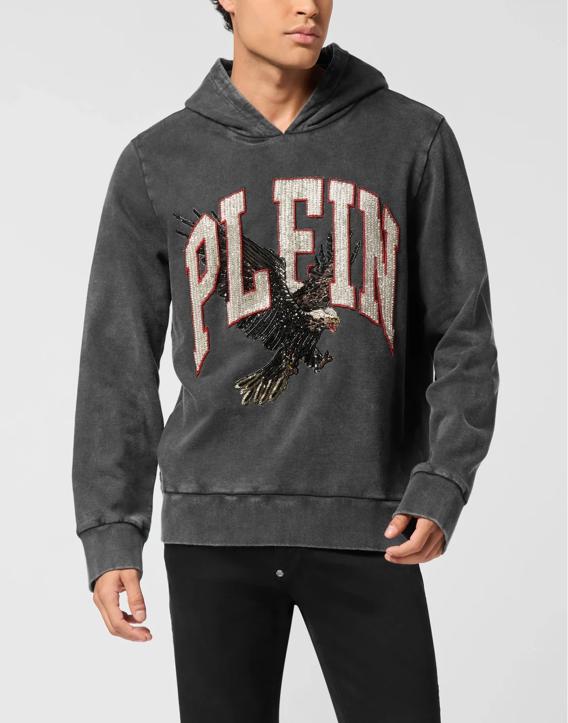 Washed Hoodie Sweatshirt Plein Eagle, цвет: Черный