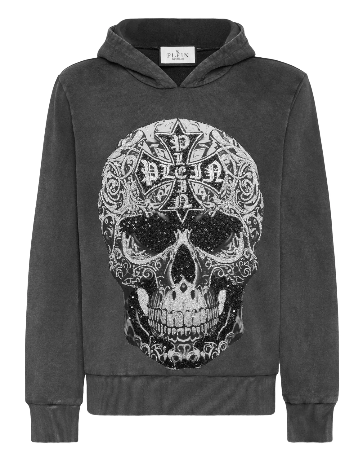 Washed Hoodie Sweatshirt Baroque Skull, цвет: Черный