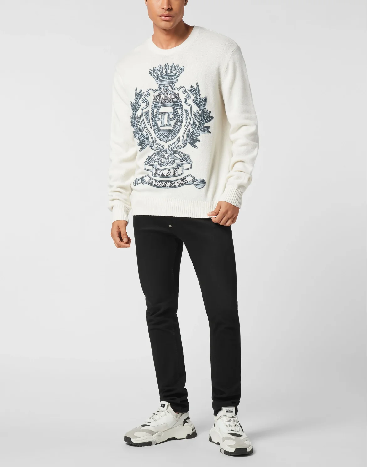 Embroidered Wool Blend Round Neck Pullover Crest, цвет: Бежевый