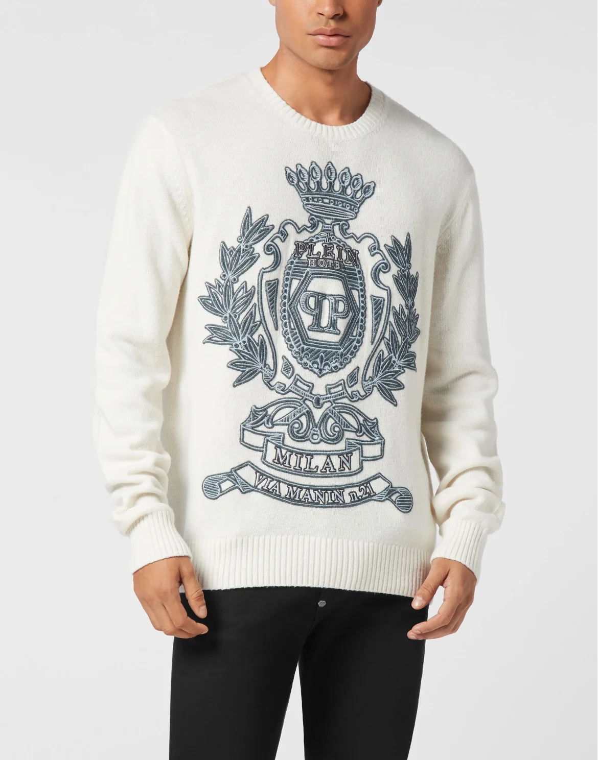 Embroidered Wool Blend Round Neck Pullover Crest, цвет: Бежевый