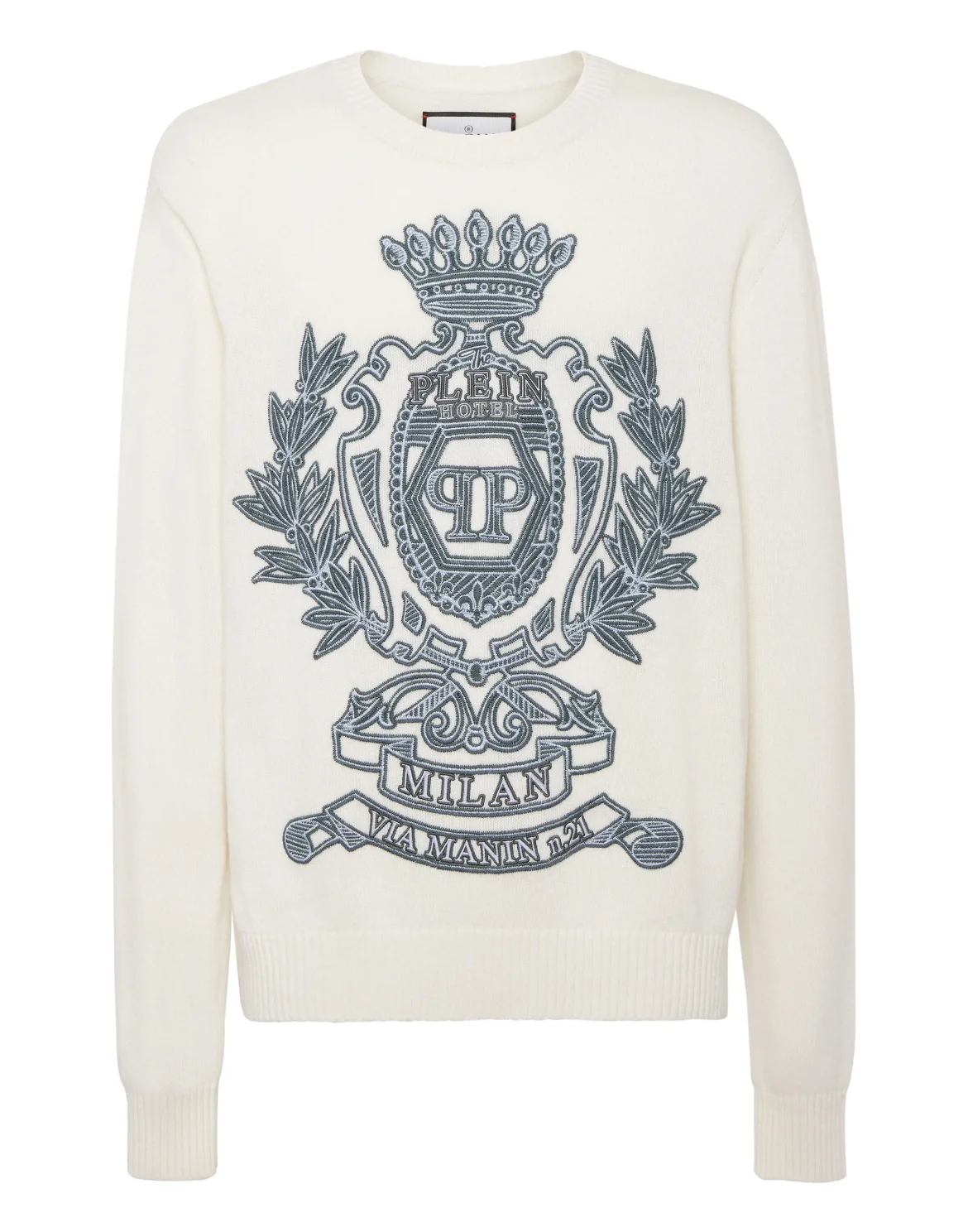 Embroidered Wool Blend Round Neck Pullover Crest, цвет: Бежевый