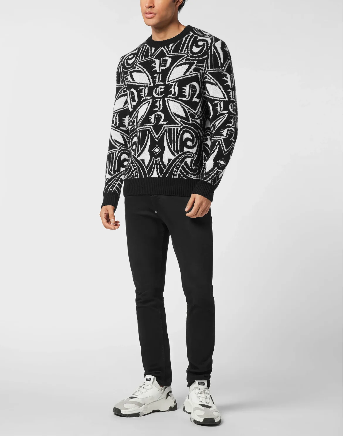 Lambswool Round Neck Pullover All-Over Cross, цвет: Черный