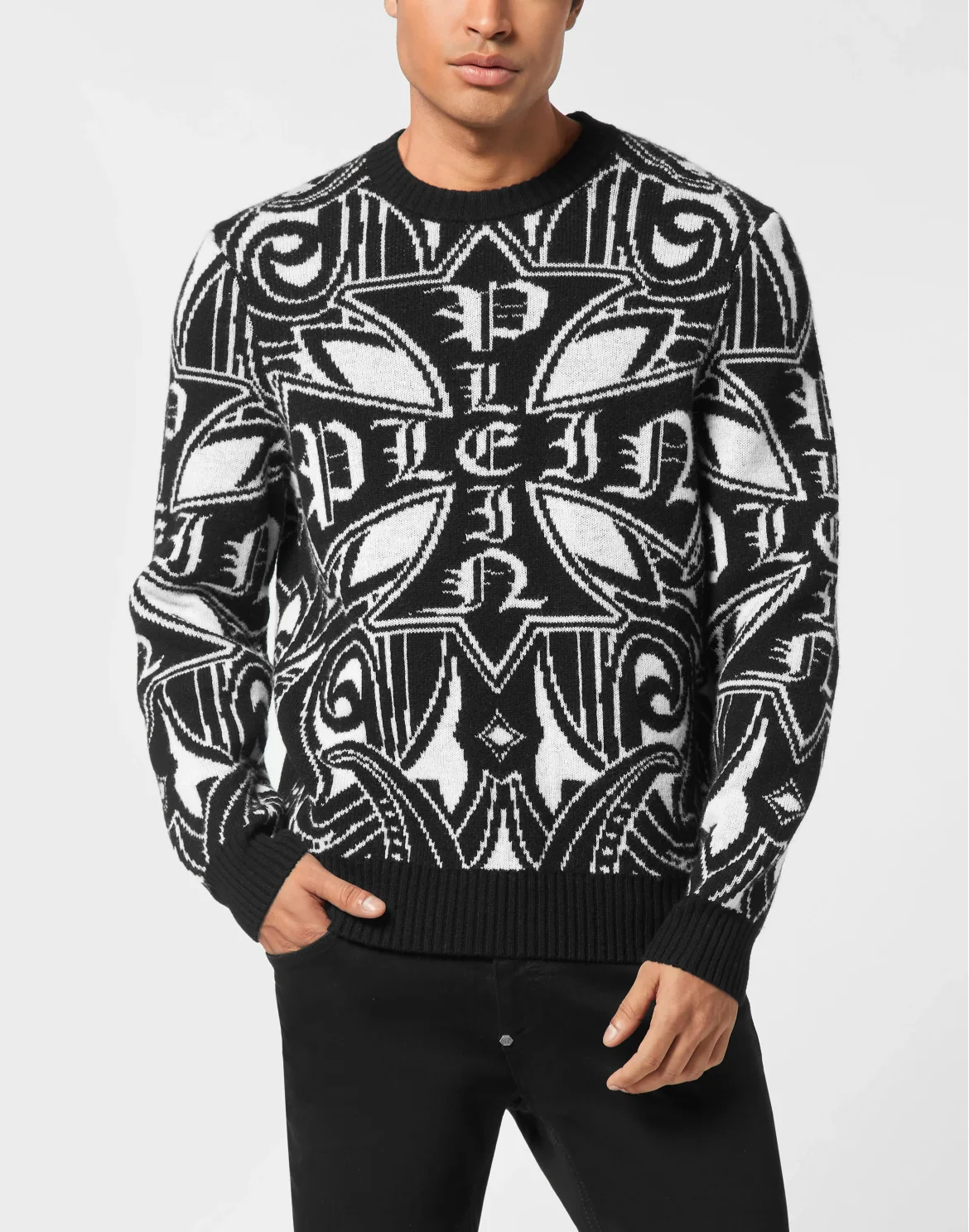Lambswool Round Neck Pullover All-Over Cross, цвет: Черный