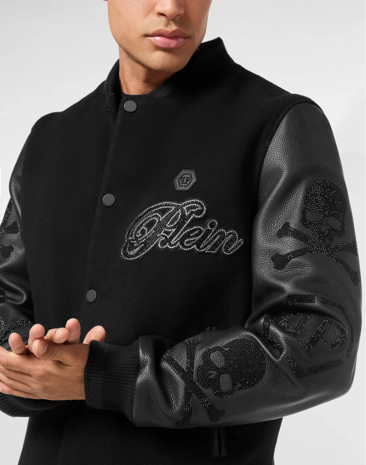 Wool & Leather Varsity Bomber Jacket Patches Stones, цвет: Черный