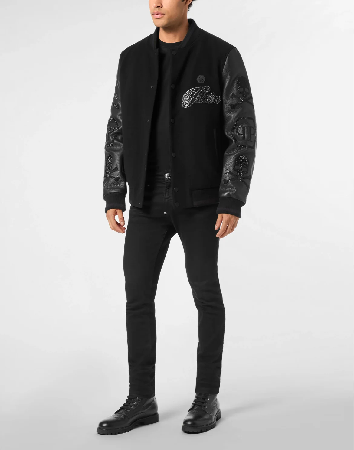 Wool & Leather Varsity Bomber Jacket Patches Stones, цвет: Черный