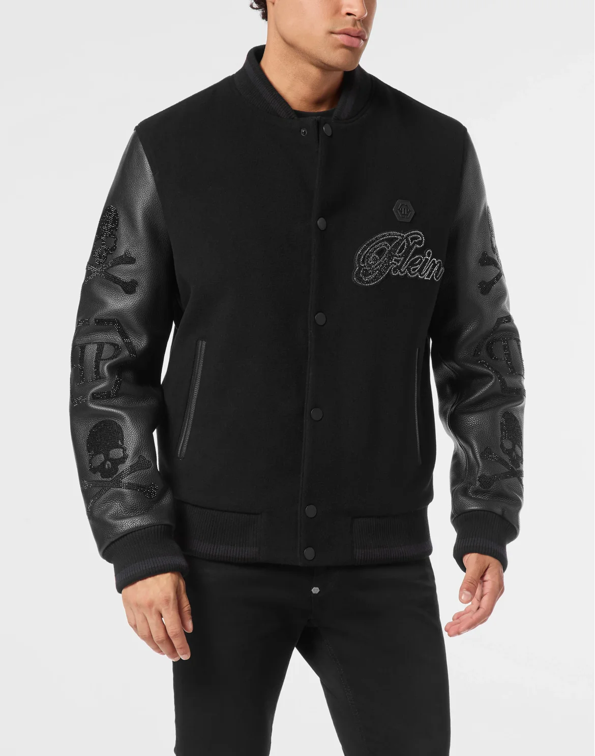 Wool & Leather Varsity Bomber Jacket Patches Stones, цвет: Черный