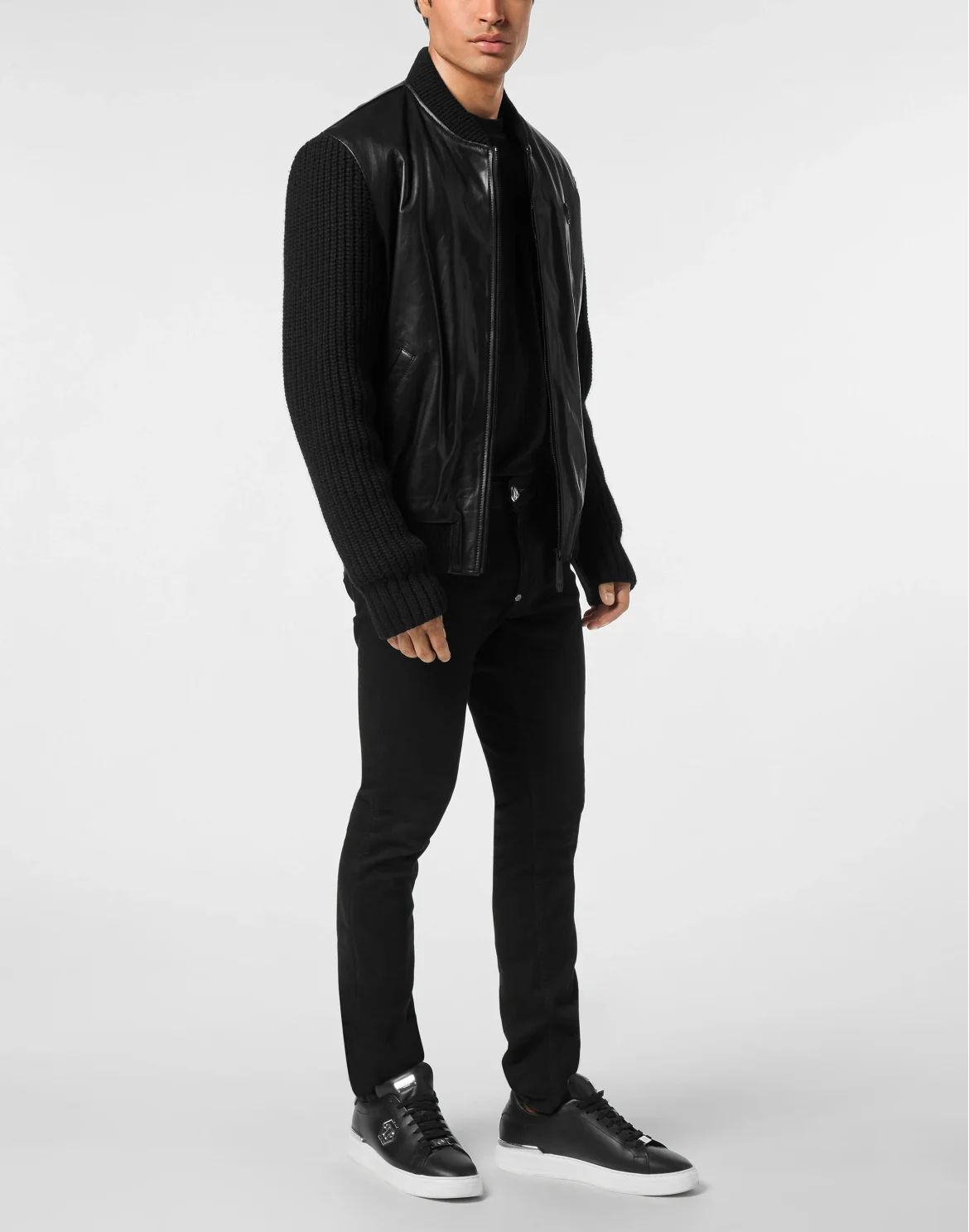 Leather Bomber with Knitted Sleeves, цвет: Черный