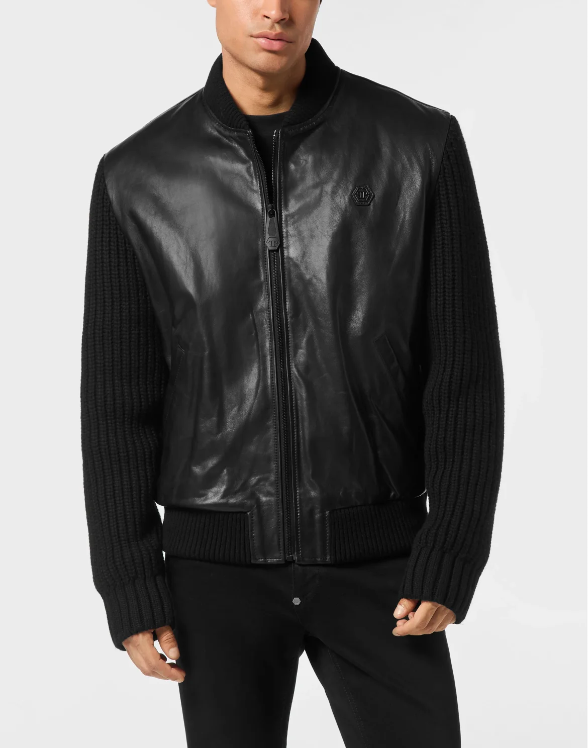 Leather Bomber with Knitted Sleeves, цвет: Черный