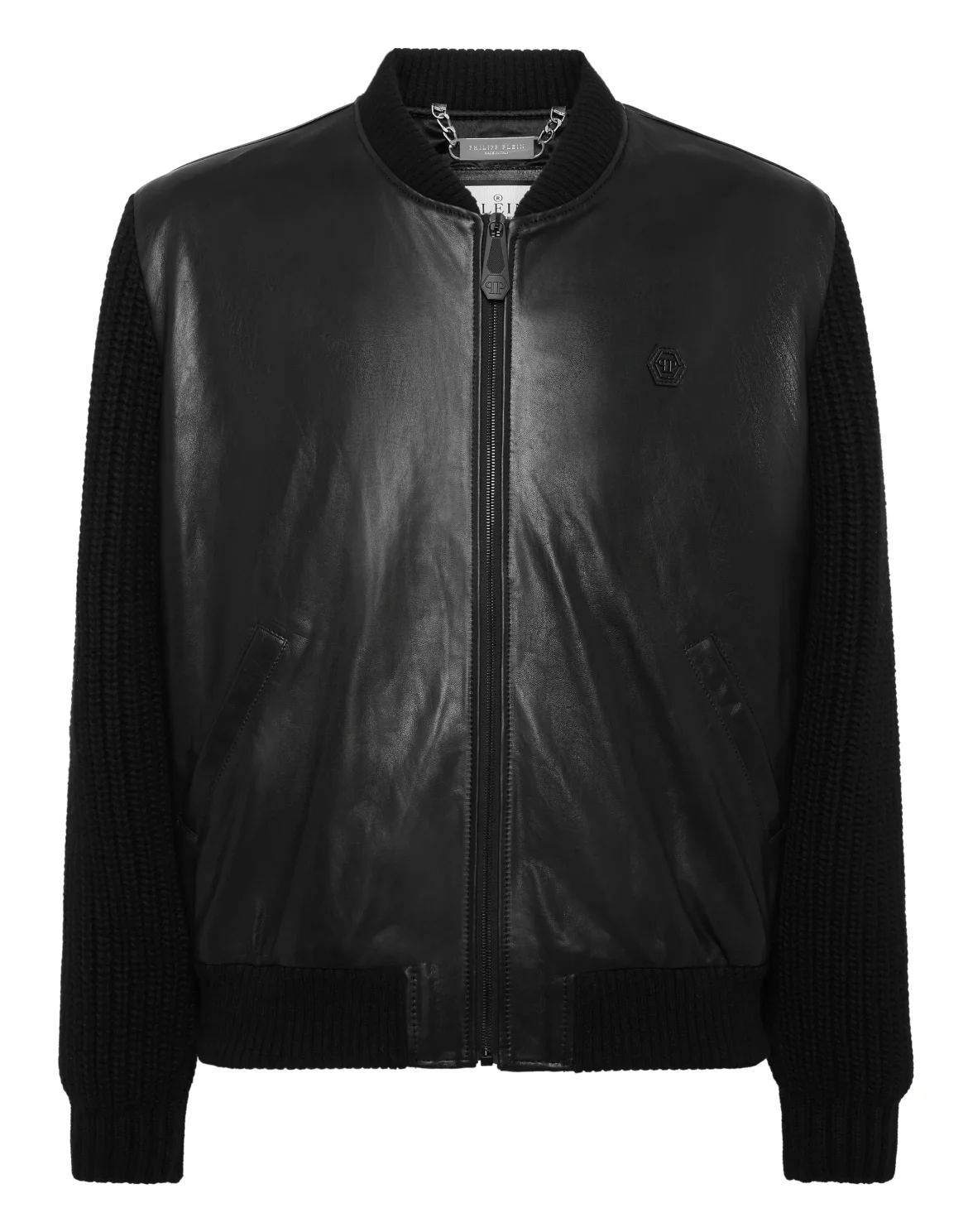 Leather Bomber with Knitted Sleeves, цвет: Черный