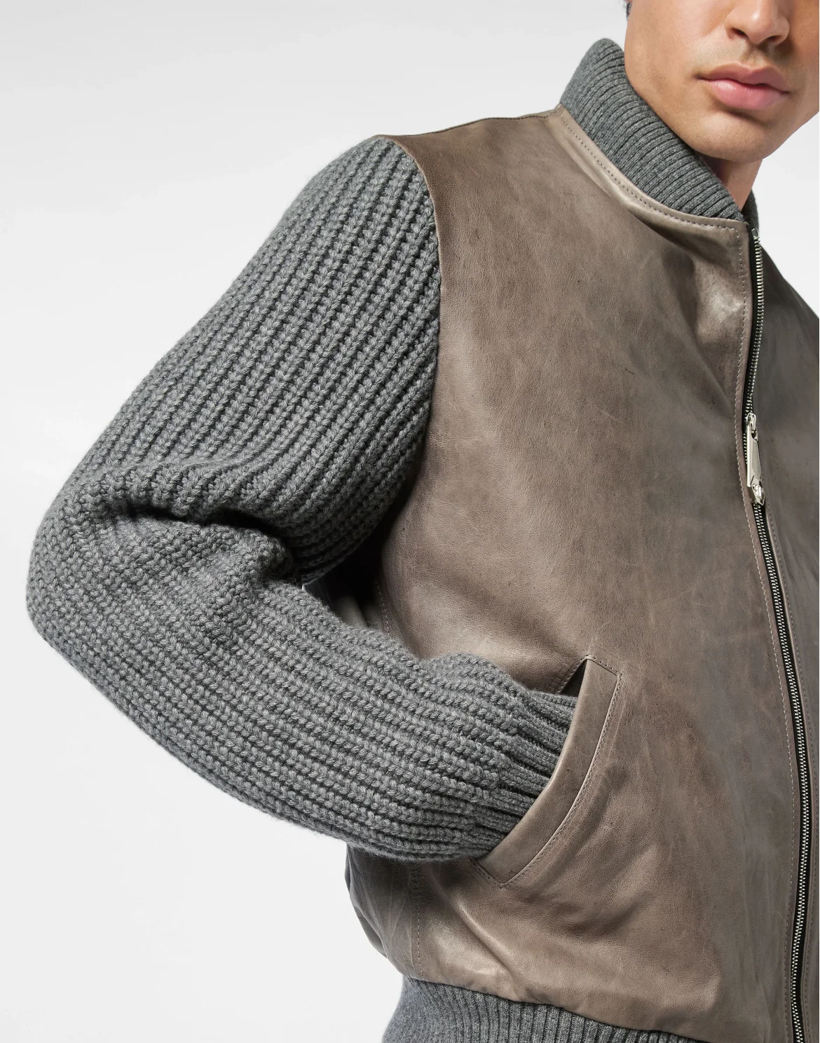 Leather Bomber with Knitted Sleeves, цвет: Серый