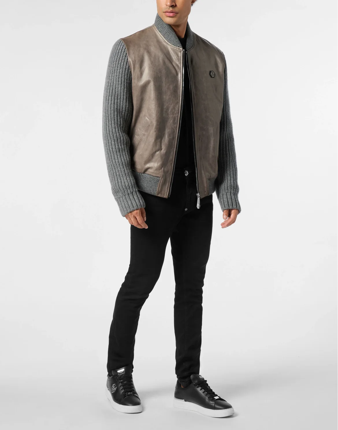 Leather Bomber with Knitted Sleeves, цвет: Серый