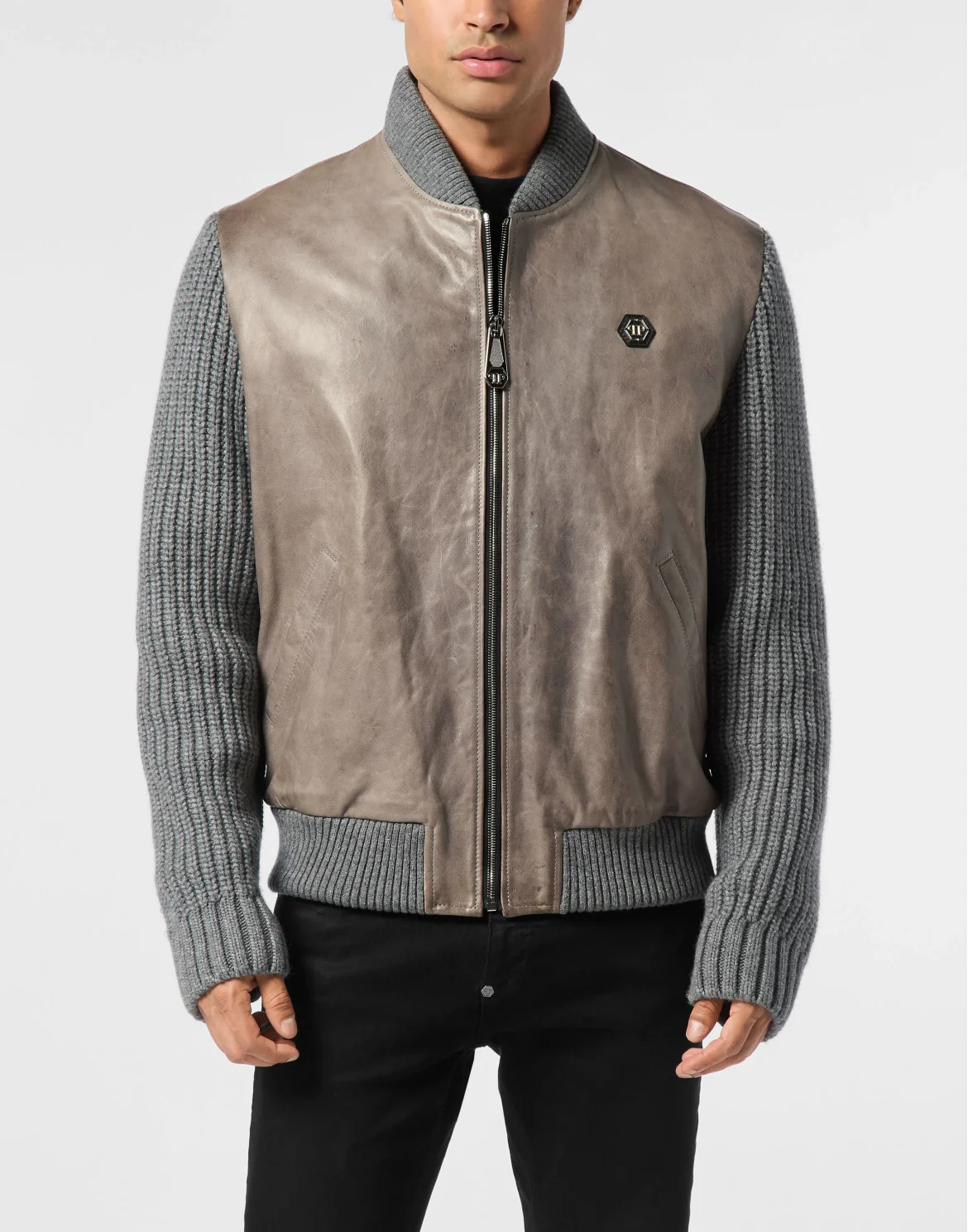 Leather Bomber with Knitted Sleeves, цвет: Серый
