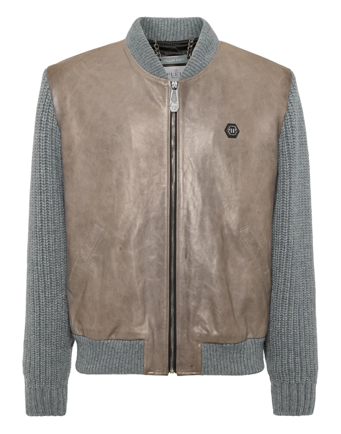Leather Bomber with Knitted Sleeves, цвет: Серый