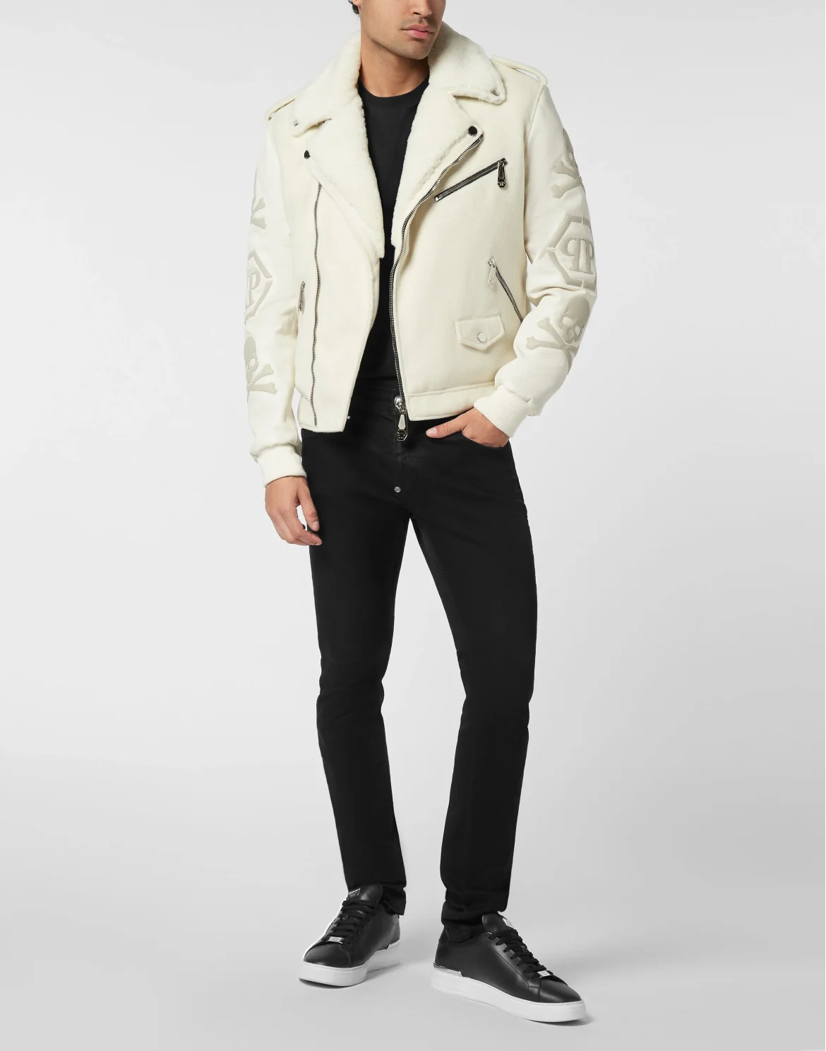 Leather and Wool Varsity Biker Jacket Skull & Bones, цвет: Бежевый