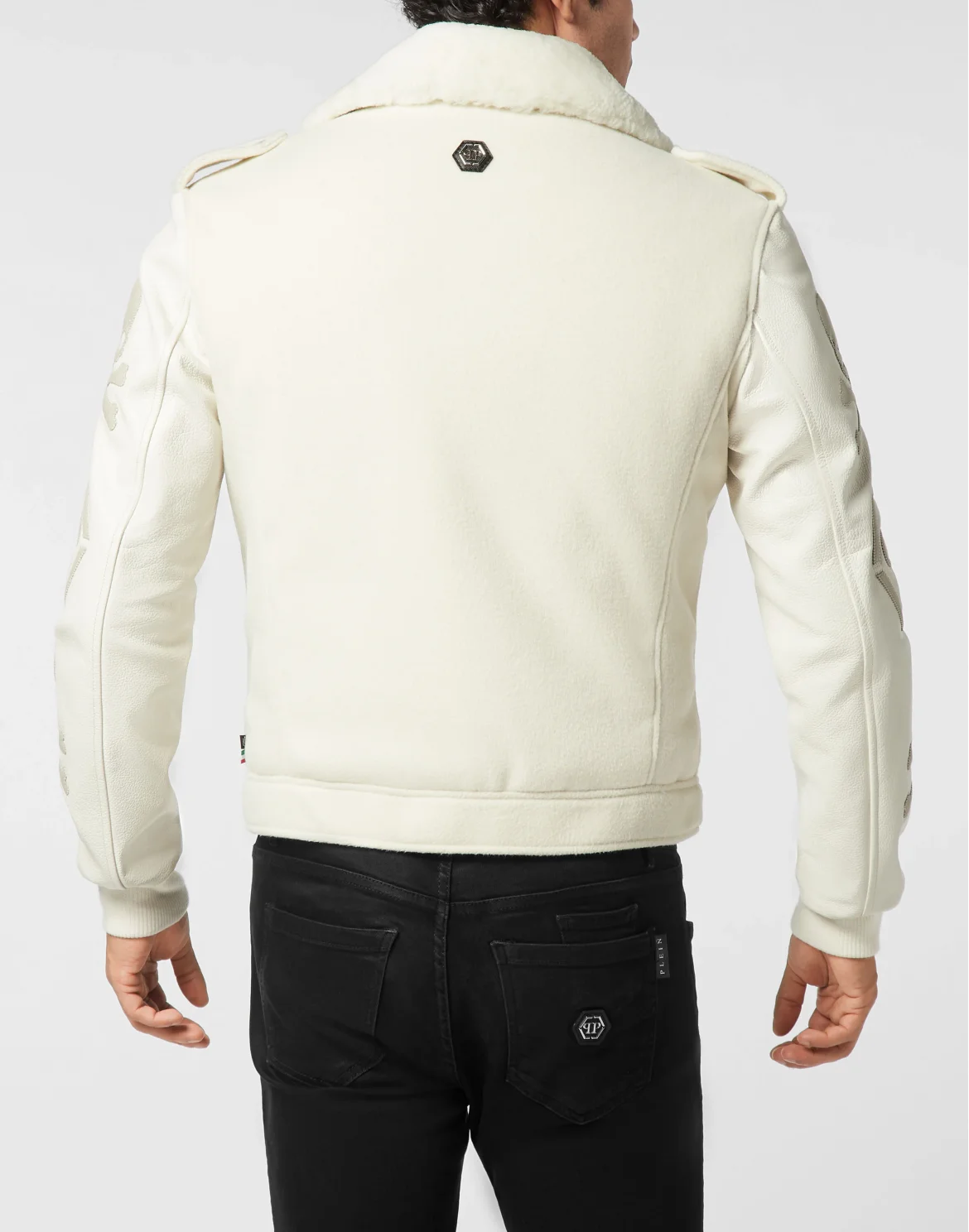 Leather and Wool Varsity Biker Jacket Skull & Bones, цвет: Бежевый