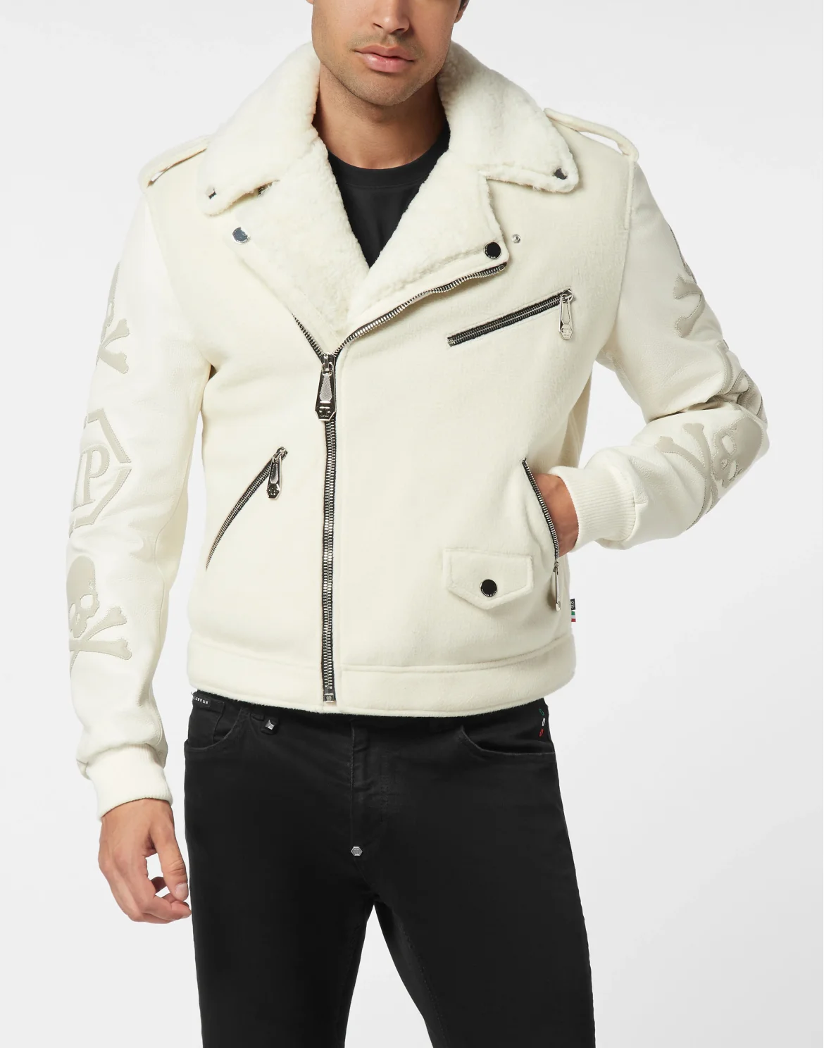 Leather and Wool Varsity Biker Jacket Skull & Bones, цвет: Бежевый