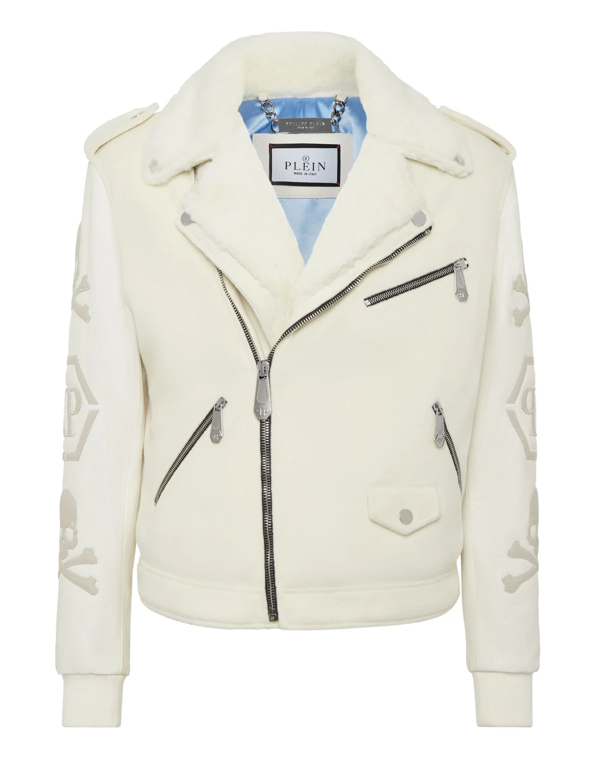Leather and Wool Varsity Biker Jacket Skull & Bones, цвет: Бежевый