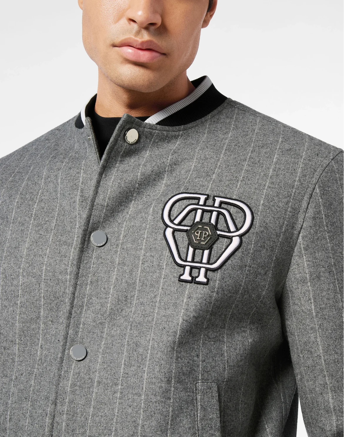 Pinstripes Wool Bomber Jacket With Leather Patch, цвет: Серый