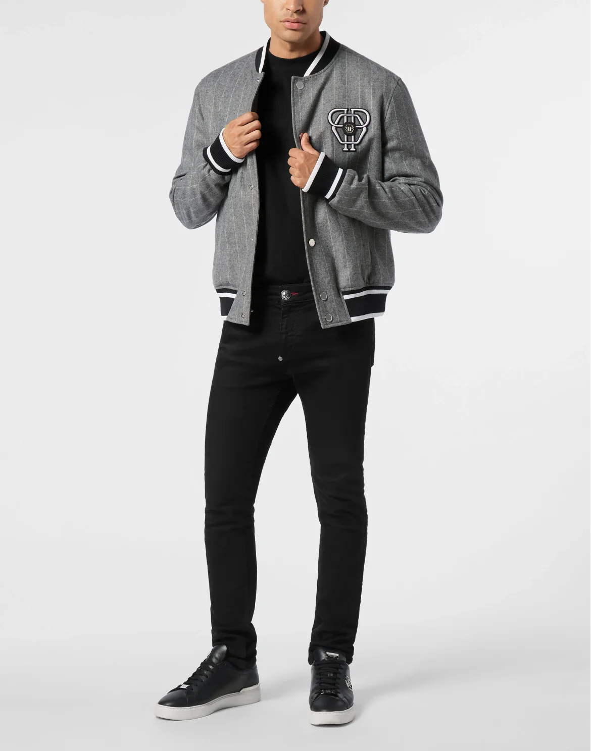 Pinstripes Wool Bomber Jacket With Leather Patch, цвет: Серый