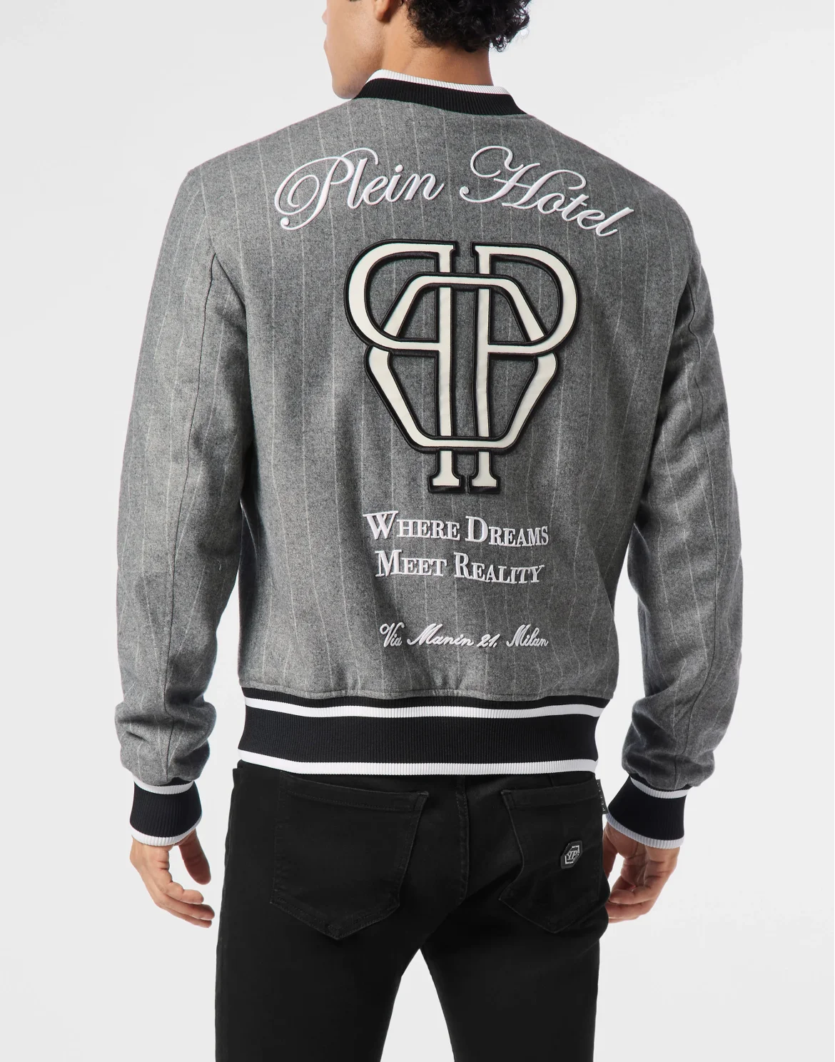 Pinstripes Wool Bomber Jacket With Leather Patch, цвет: Серый