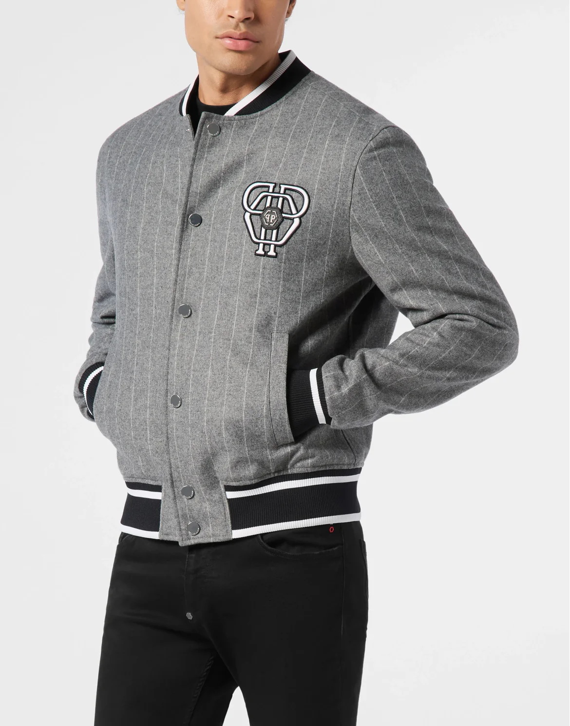 Pinstripes Wool Bomber Jacket With Leather Patch, цвет: Серый