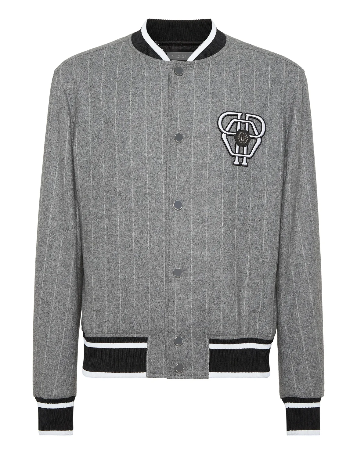 Pinstripes Wool Bomber Jacket With Leather Patch, цвет: Серый