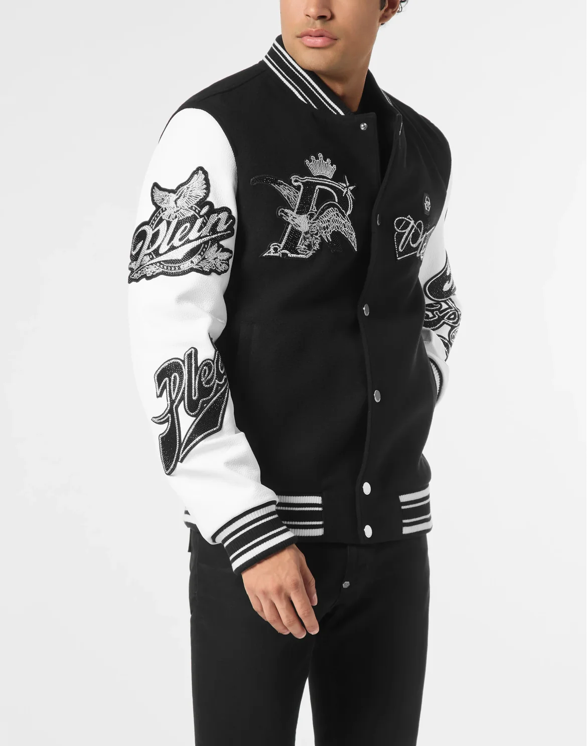 Varsity Bomber with Leather Sleeves Crystal Eagle, цвет: Черный