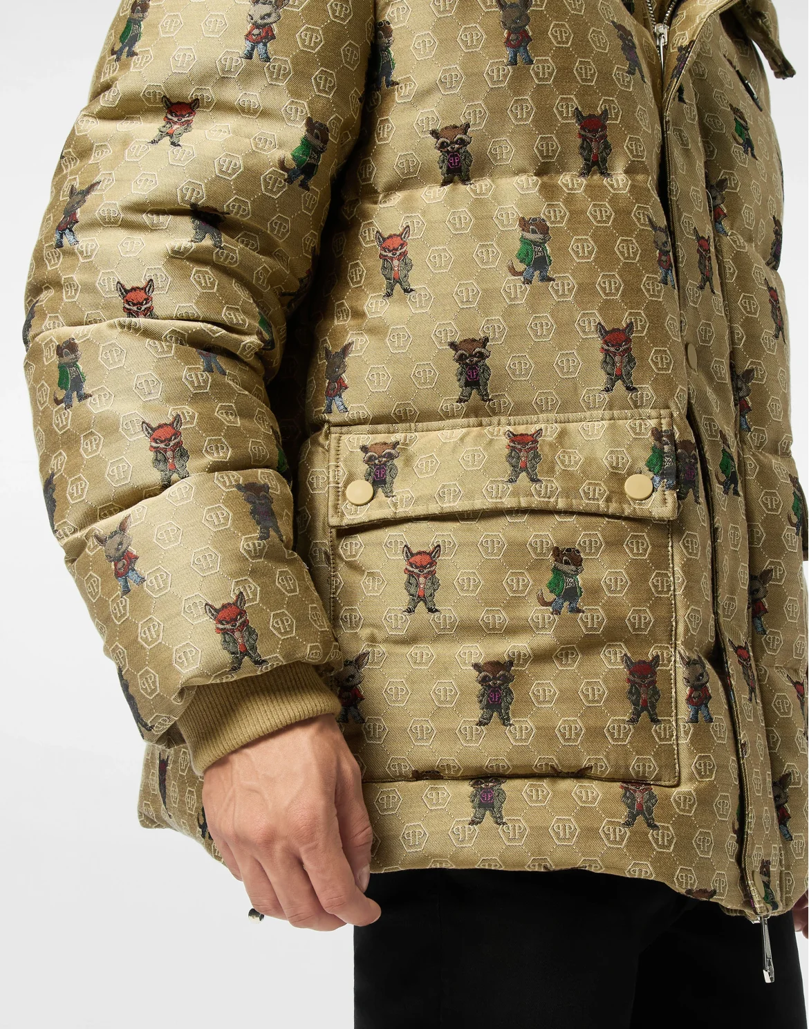 Jacquard Puffer Jacket Monogram Fairy with Fur Collar, цвет: Бежевый