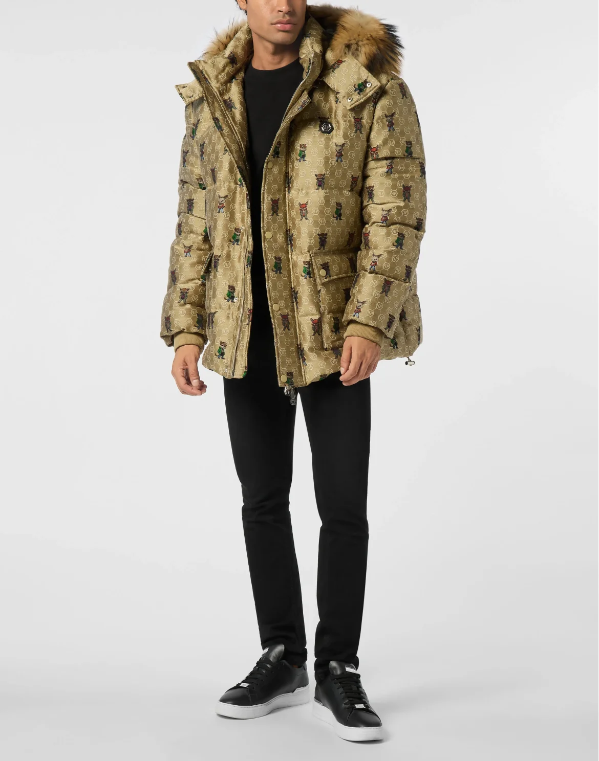 Jacquard Puffer Jacket Monogram Fairy with Fur Collar, цвет: Бежевый