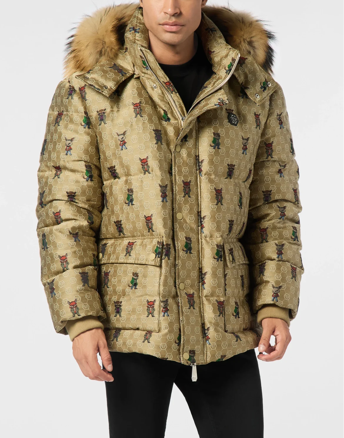 Jacquard Puffer Jacket Monogram Fairy with Fur Collar, цвет: Бежевый