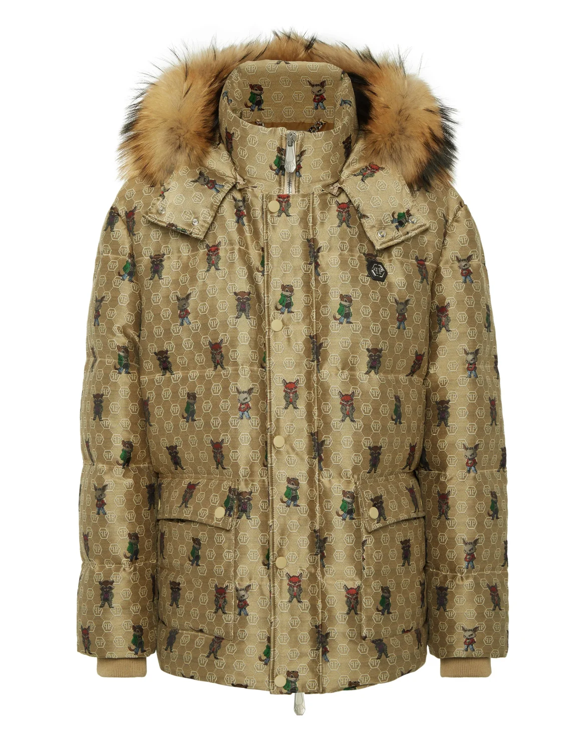 Jacquard Puffer Jacket Monogram Fairy with Fur Collar, цвет: Бежевый