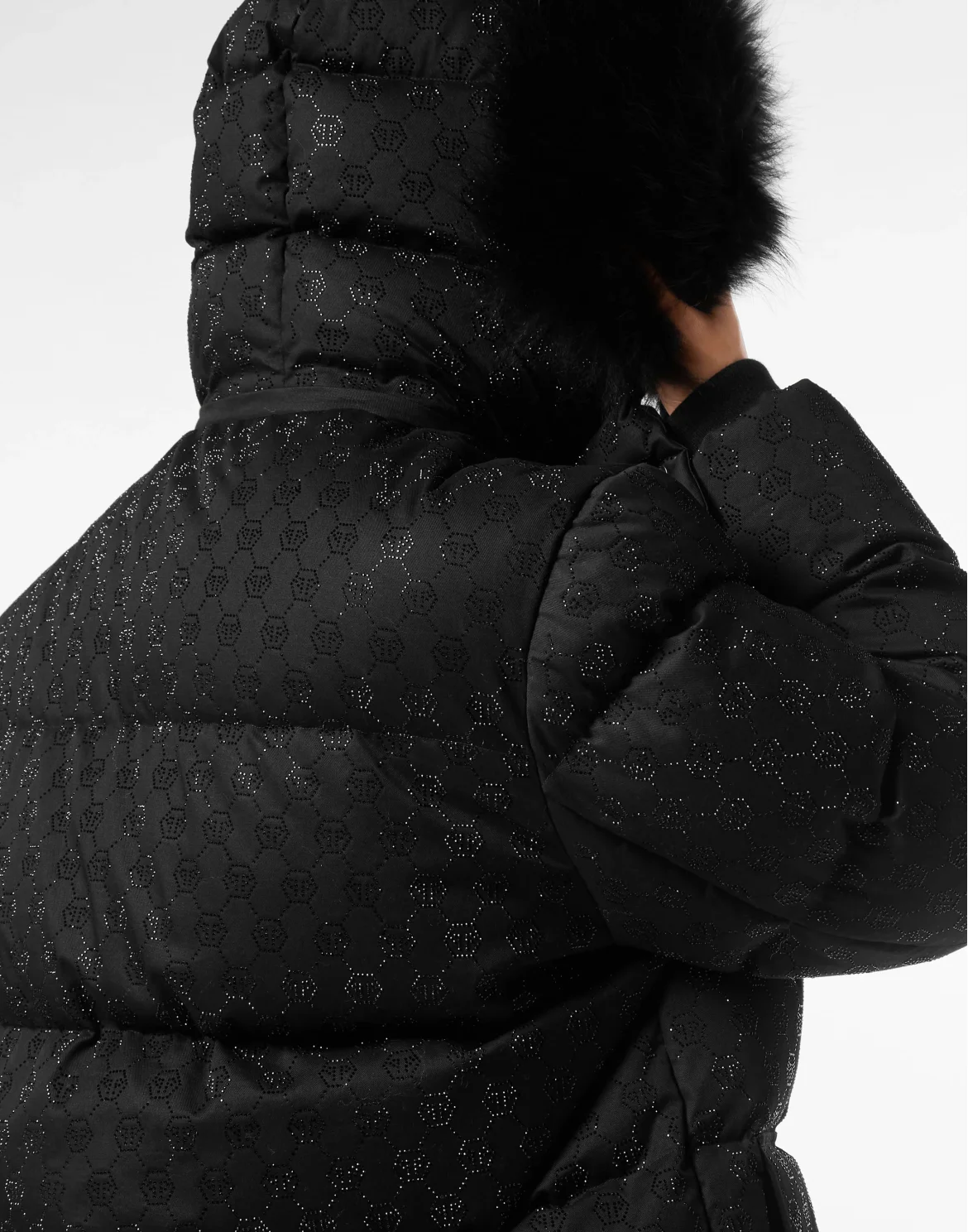 Mid Length Down Jacket with Fur Monogram Strass, цвет: Черный