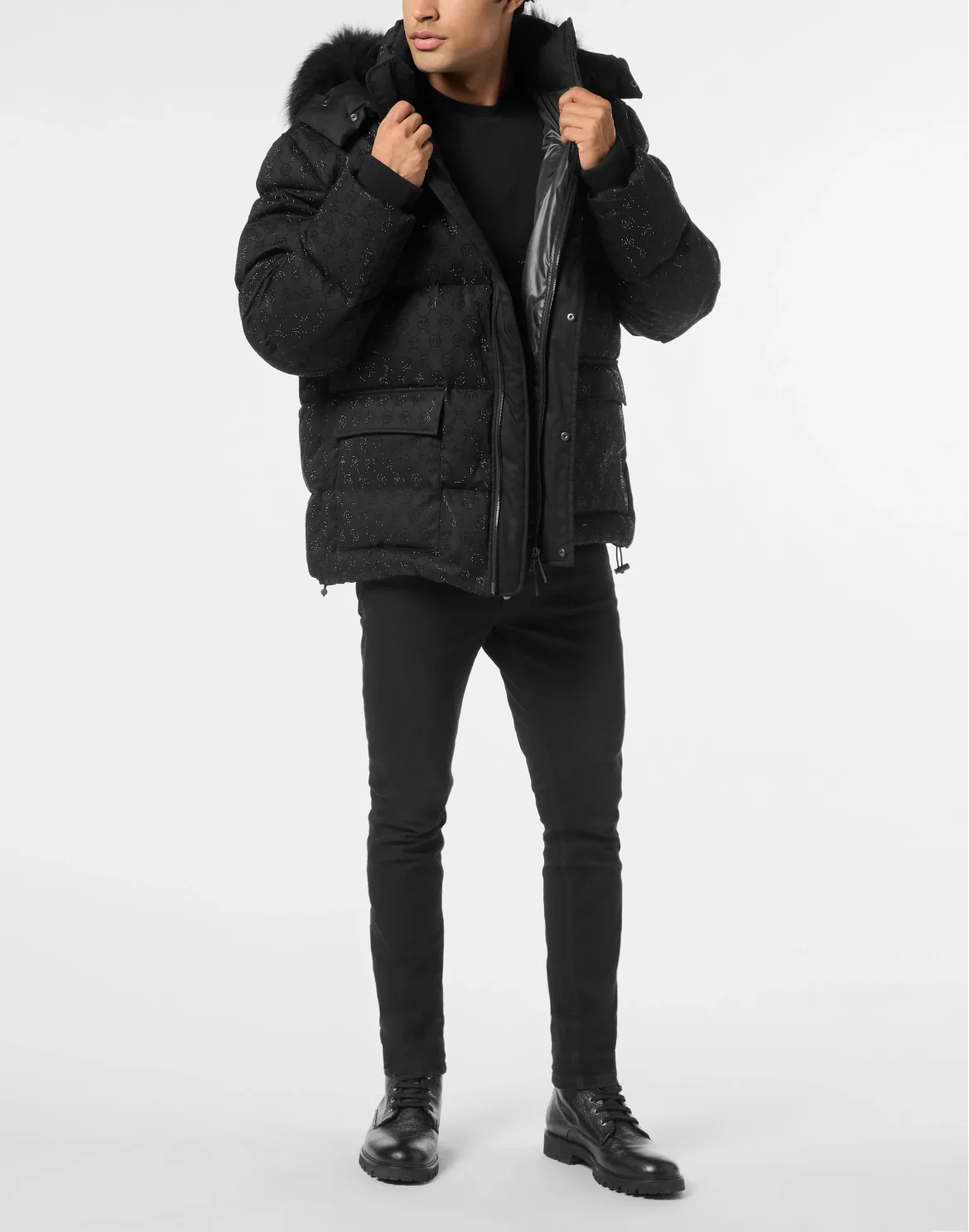 Mid Length Down Jacket with Fur Monogram Strass, цвет: Черный