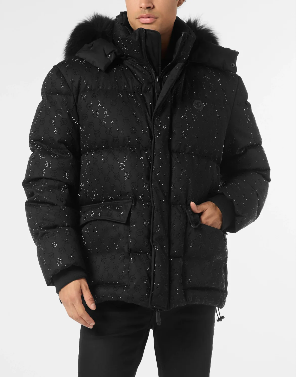 Mid Length Down Jacket with Fur Monogram Strass, цвет: Черный