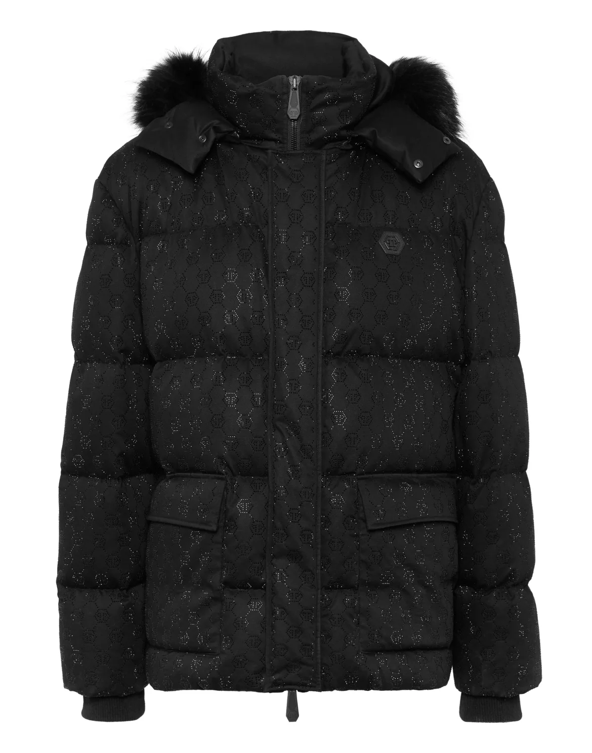 Mid Length Down Jacket with Fur Monogram Strass, цвет: Черный