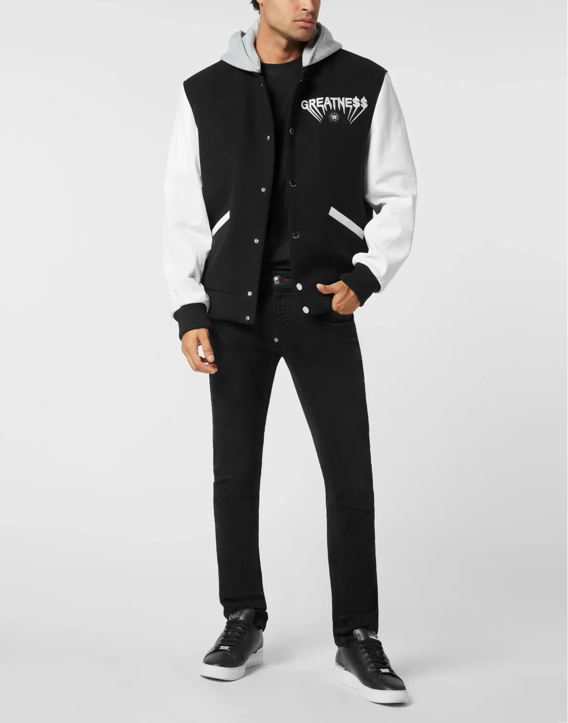 Hooded Varsity Bomber with Leather Sleeves Greatness, цвет: Черный