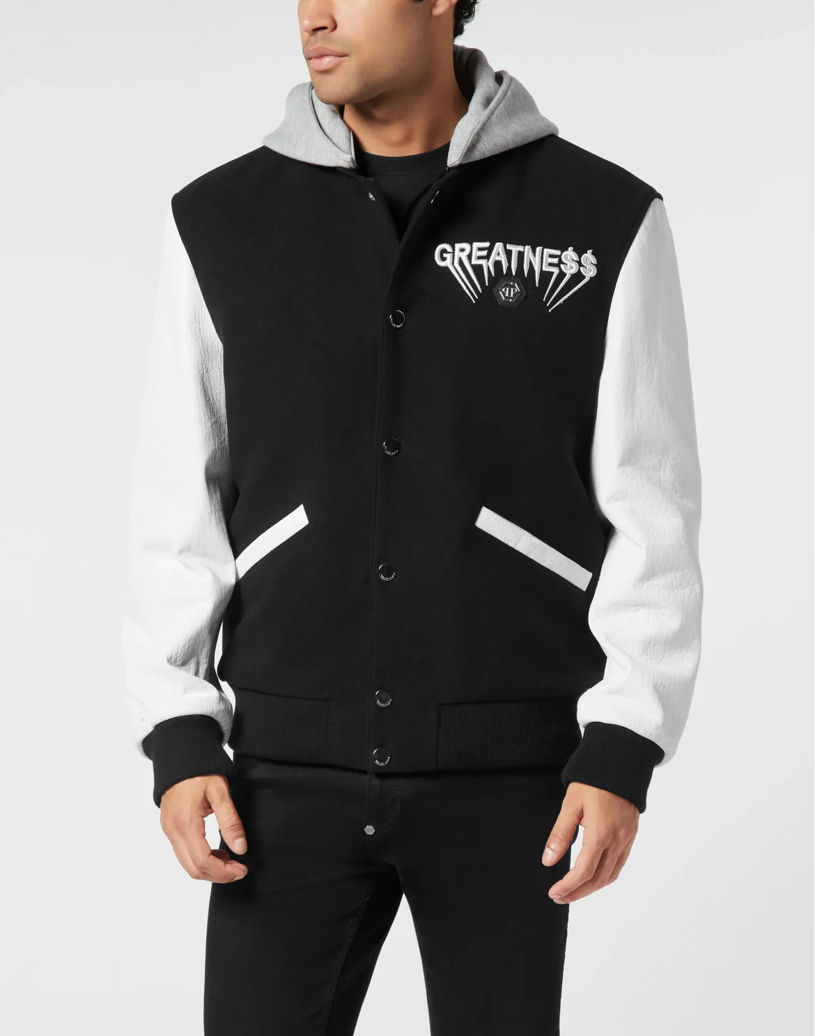 Hooded Varsity Bomber with Leather Sleeves Greatness, цвет: Черный