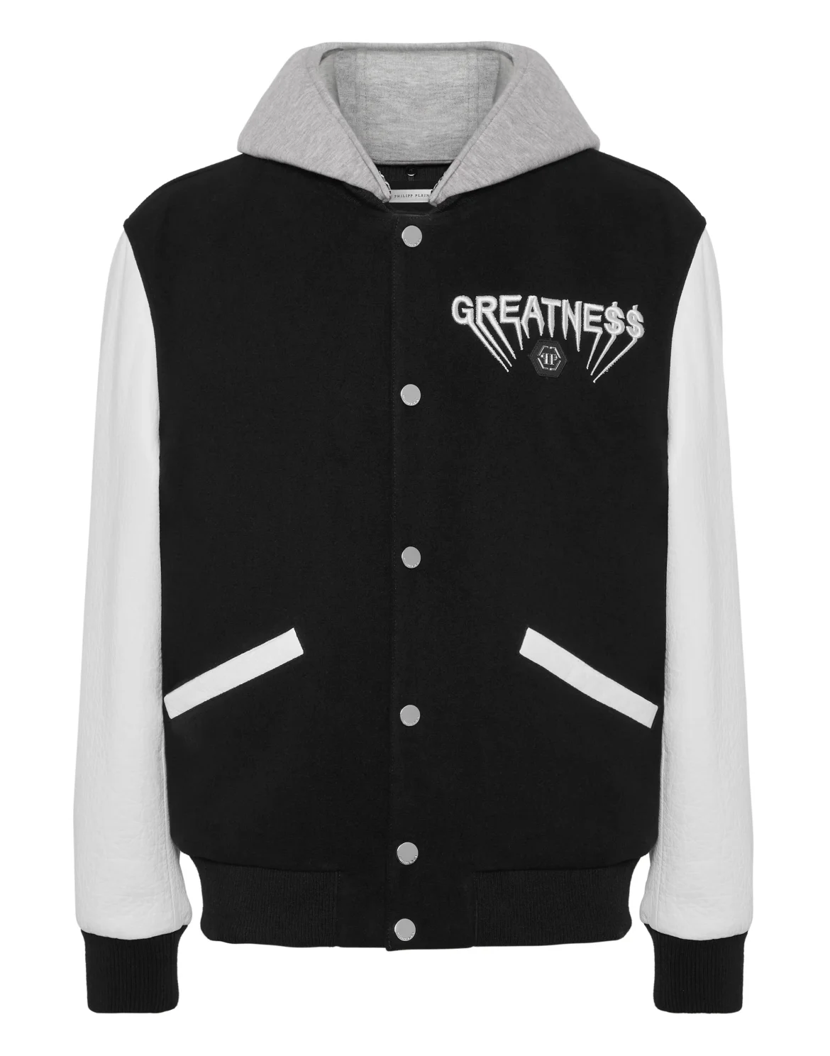 Hooded Varsity Bomber with Leather Sleeves Greatness, цвет: Черный