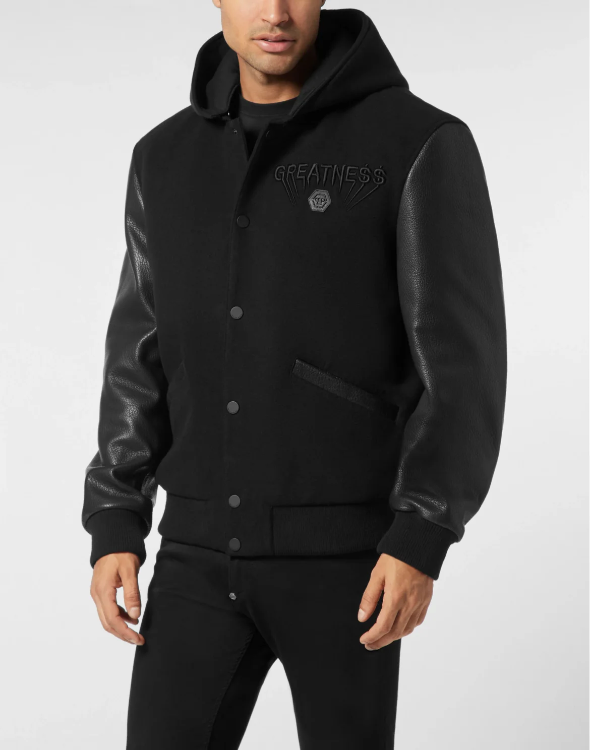 Hooded Varsity Bomber with Leather Sleeves Greatness, цвет: Черный
