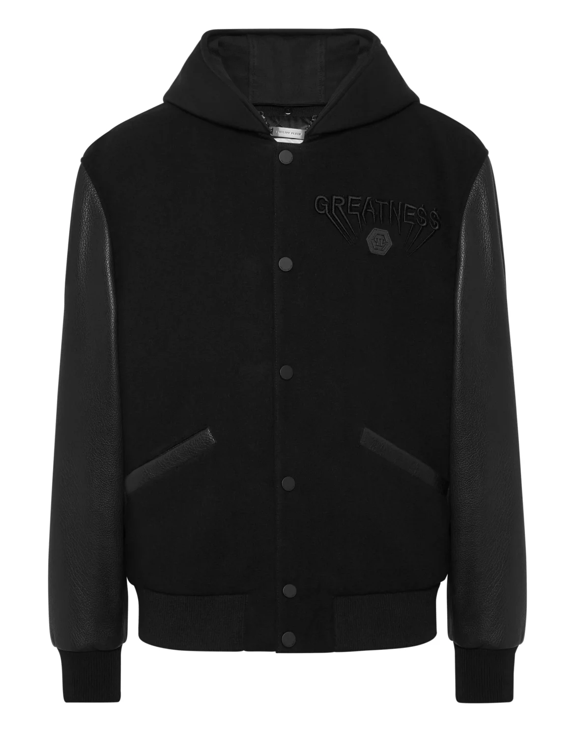 Hooded Varsity Bomber with Leather Sleeves Greatness, цвет: Черный
