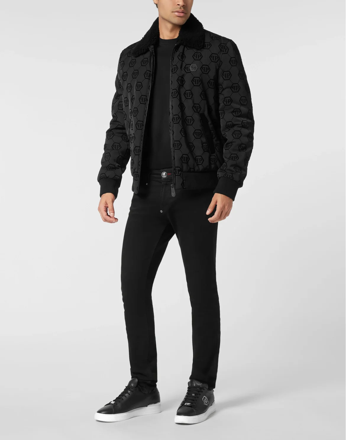 Wool Aviator Bomber with Shearling Collar Monogram, цвет: Черный