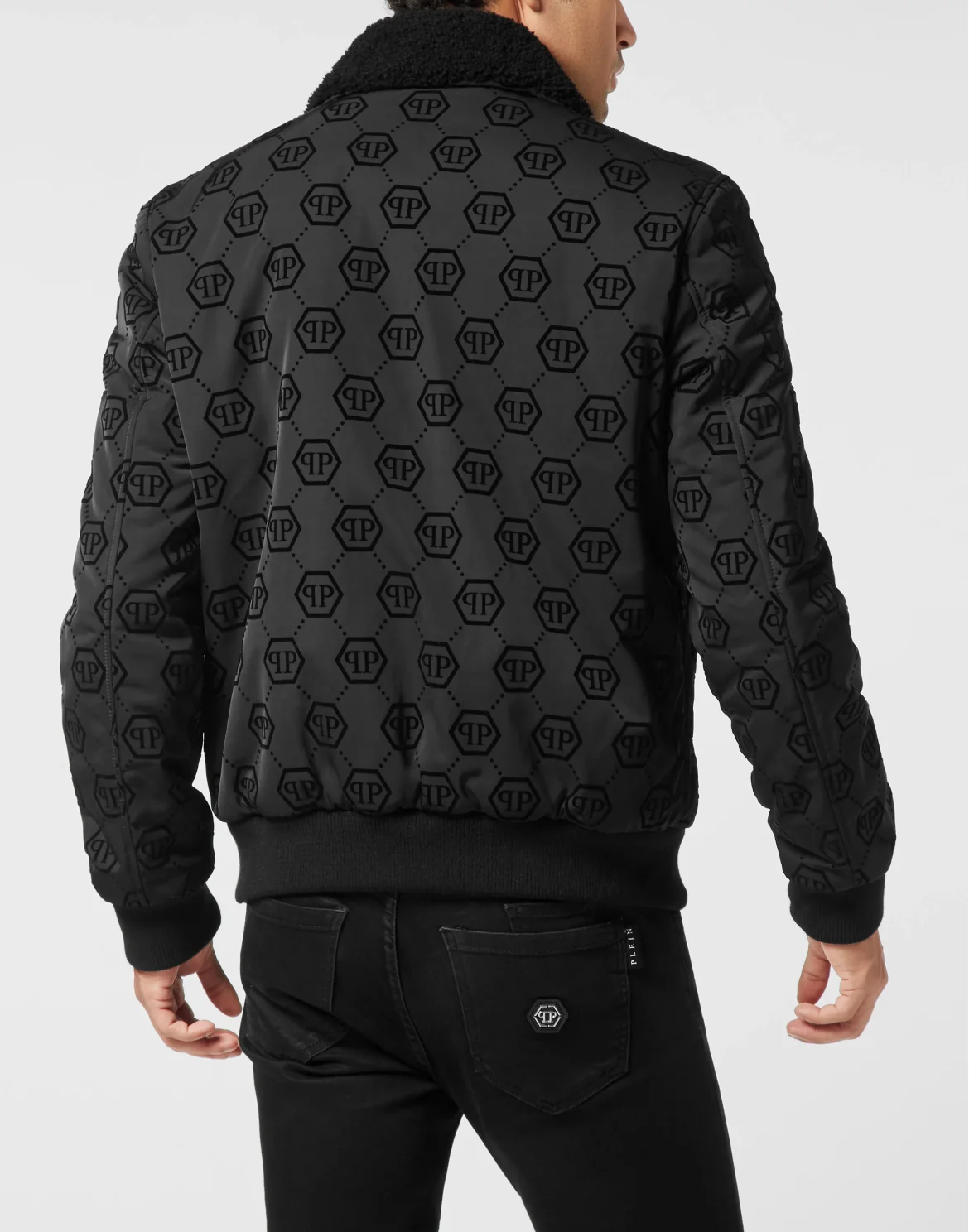 Wool Aviator Bomber with Shearling Collar Monogram, цвет: Черный