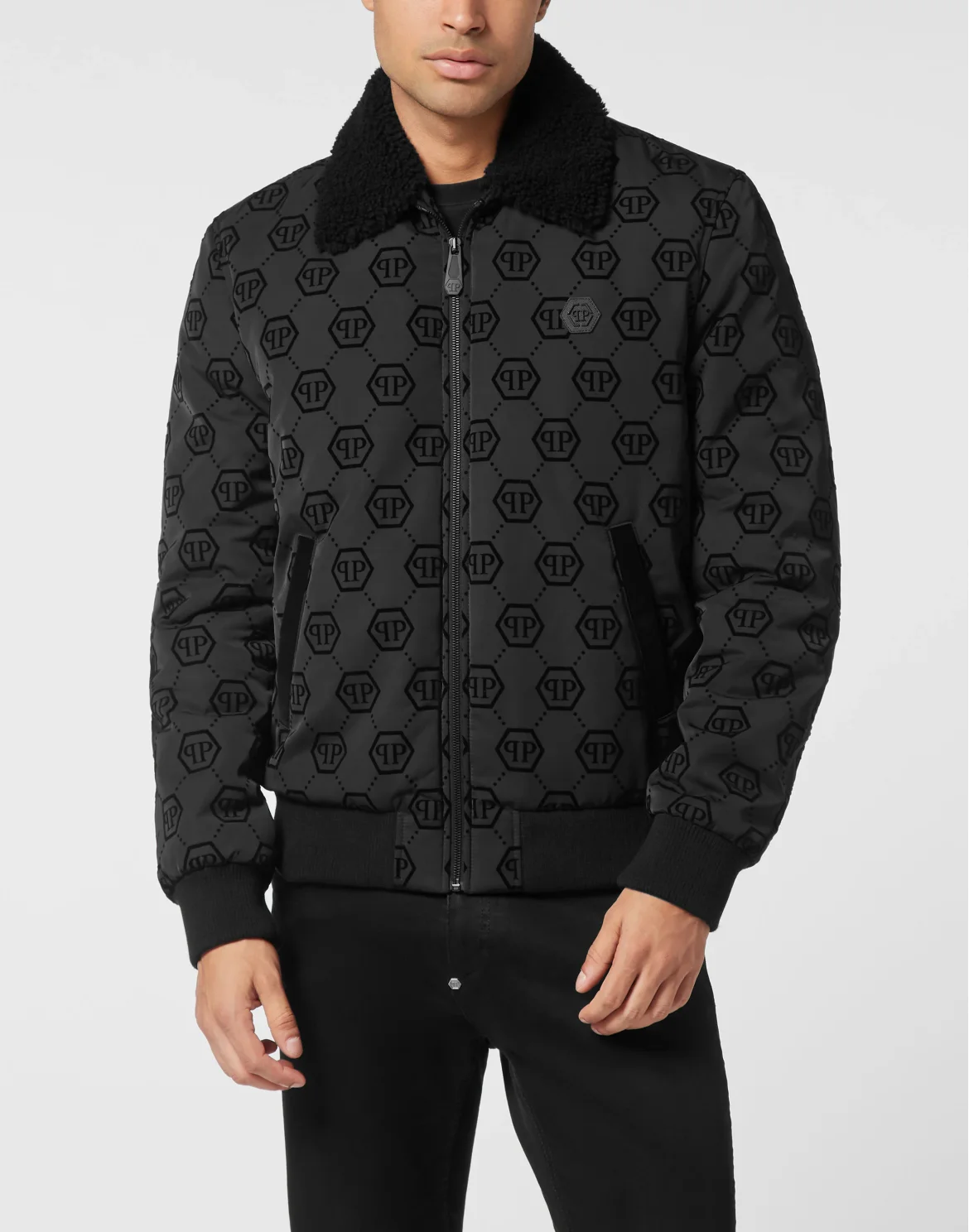 Wool Aviator Bomber with Shearling Collar Monogram, цвет: Черный